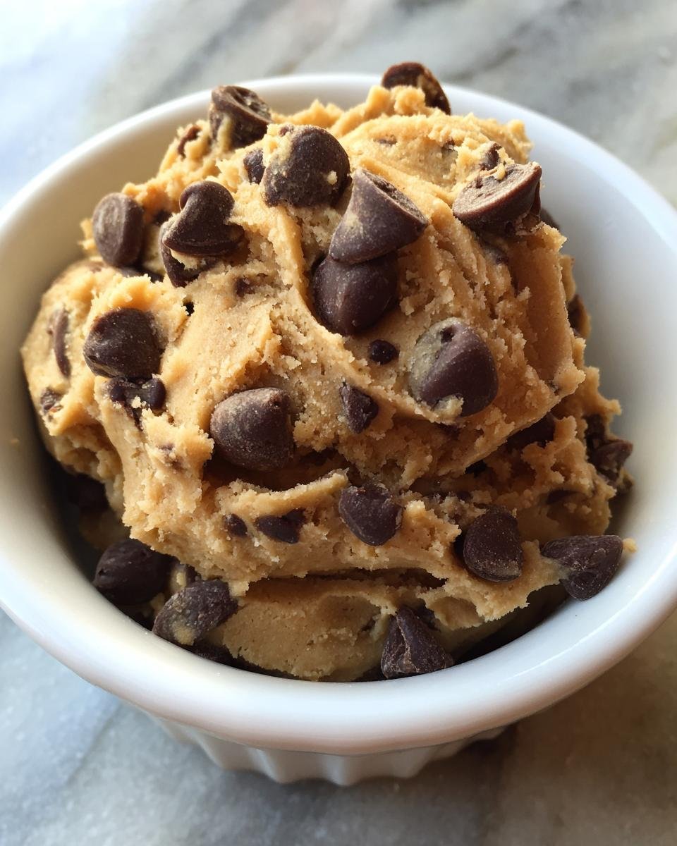 Close-up of a white bowl filled with irresistible edible cookie dough loaded with chocolate chips.