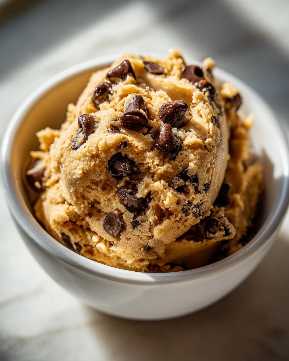 A close-up of a white bowl filled with irresistible edible cookie dough loaded with chocolate chips.