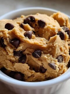 Close-up of a white bowl filled with irresistible edible cookie dough loaded with chocolate chips.