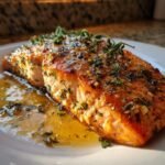 Close-up of an Irresistible Garlic Butter Salmon fillet, glistening with butter sauce and herbs.