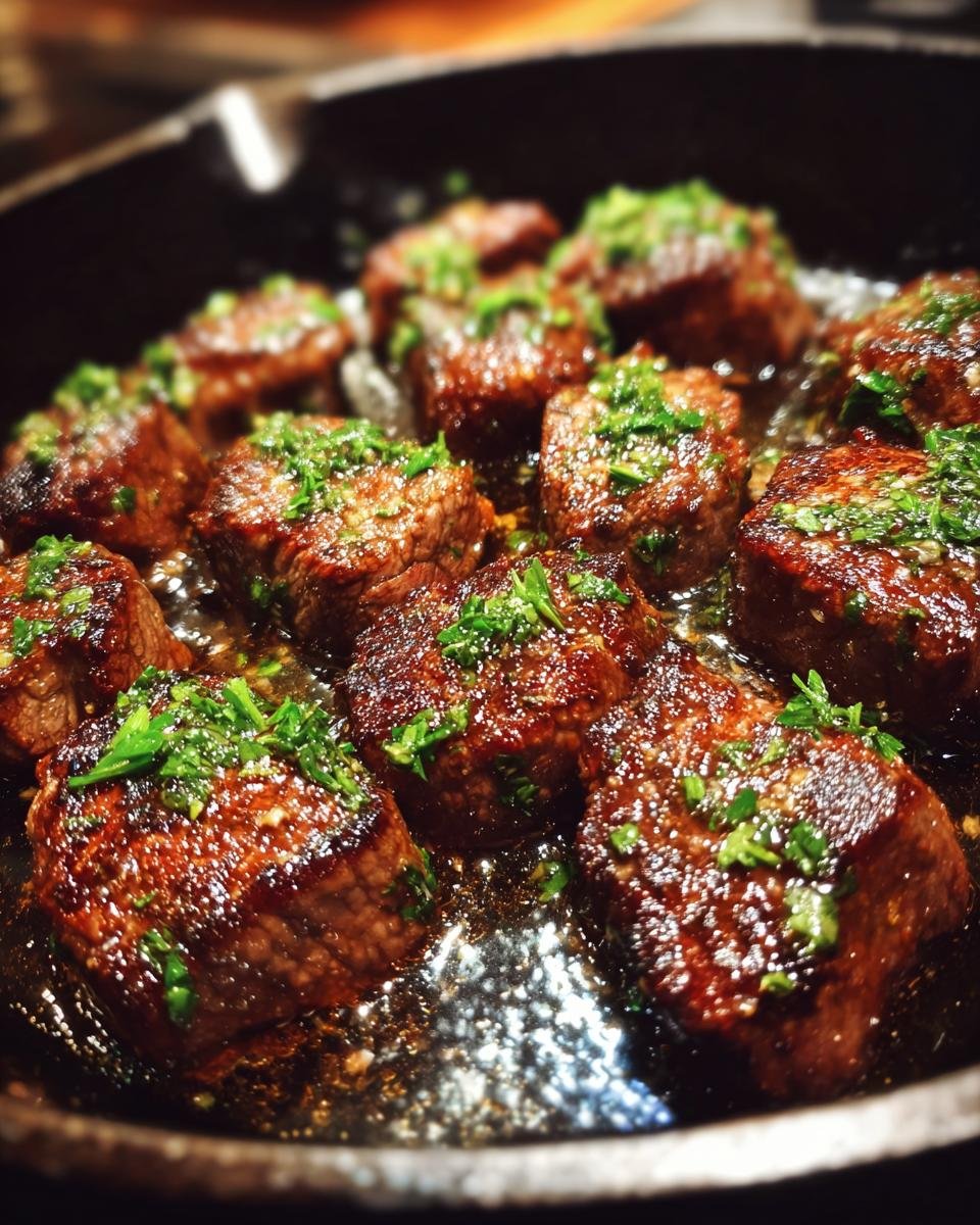 Close-up of Irresistible Garlic Butter Steak Bites sizzling in a cast iron pan, topped with fresh parsley.