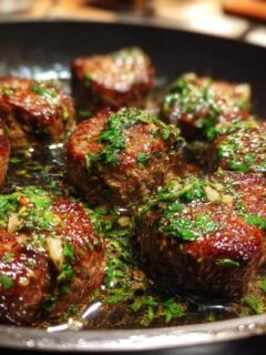 Close-up of Irresistible Garlic Butter Steak Bites sizzling in a pan with herbs and garlic.