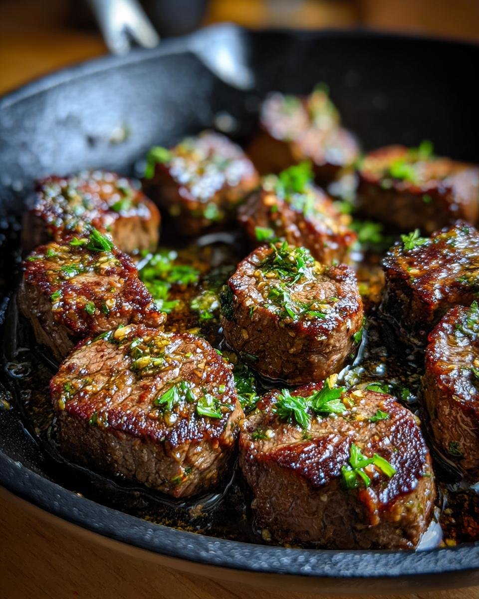 Close-up of Irresistible Garlic Butter Steak Bites sizzling in a cast-iron skillet, topped with fresh herbs.