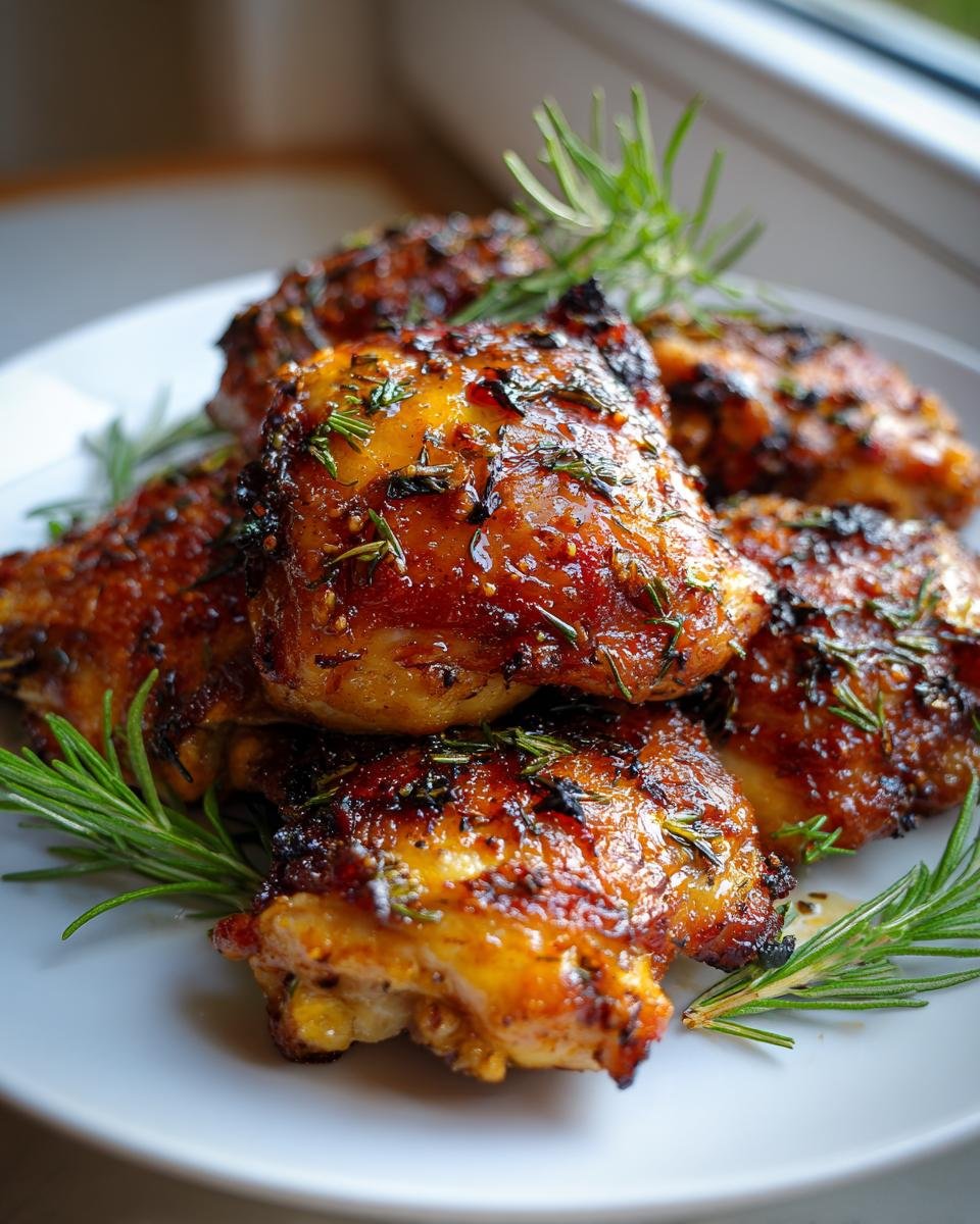 A plate piled high with Irresistible Garlic Herb Roasted Chicken Thighs, garnished with fresh rosemary sprigs.