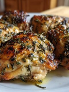 Close-up of Irresistible Garlic Herb Roasted Chicken Thighs on a white plate, glistening with juices and herbs.