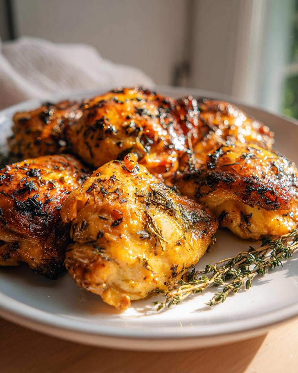 Close-up of Irresistible Garlic Herb Roasted Chicken Thighs on a white plate, garnished with fresh thyme.