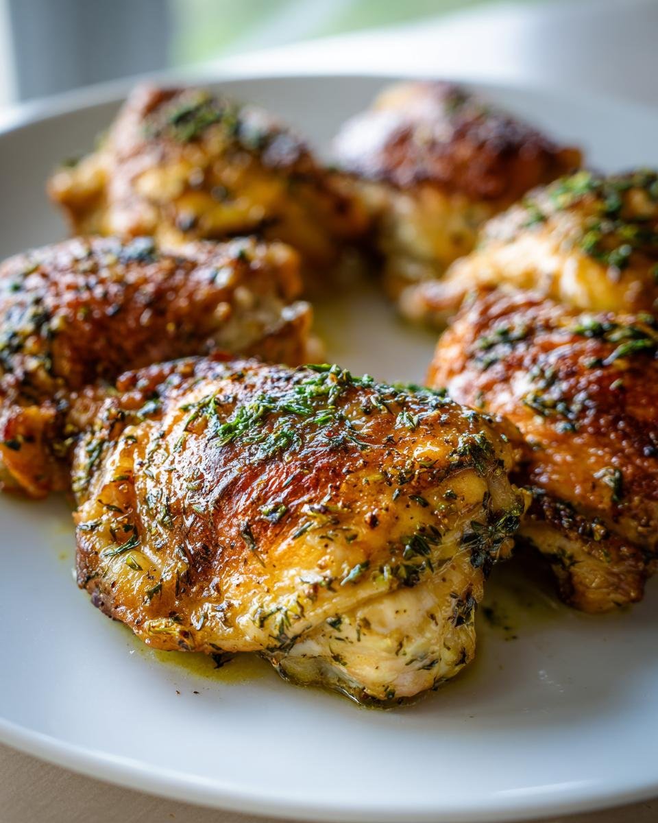 Close-up of Irresistible Garlic Herb Roasted Chicken Thighs on a white plate, glistening with juices and herbs.