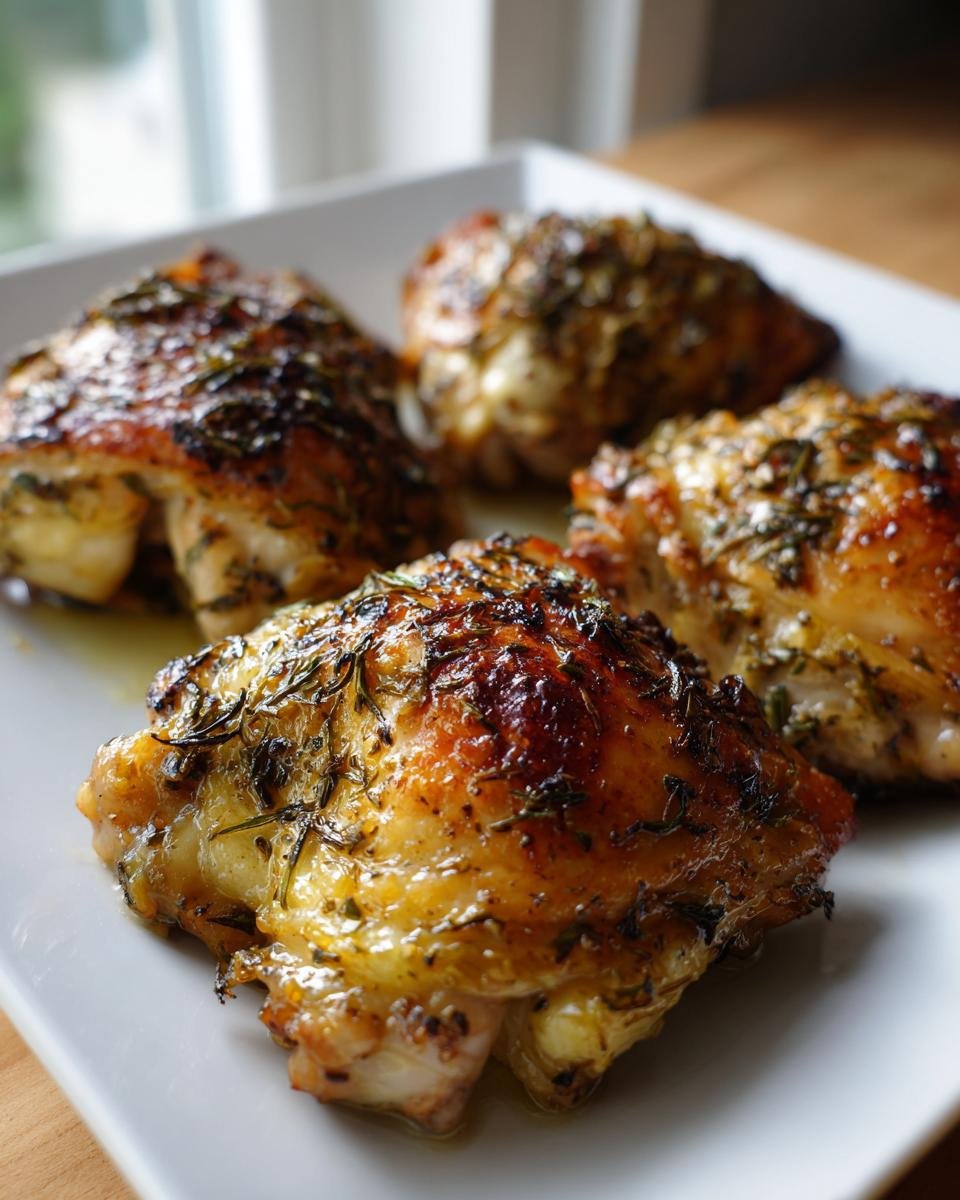 Close-up of four Irresistible Garlic Herb Roasted Chicken Thighs on a white plate, glistening with juices and herbs.