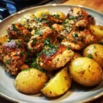A close-up of Irresistible Garlic Parmesan Chicken and Potatoes, garnished with fresh parsley.