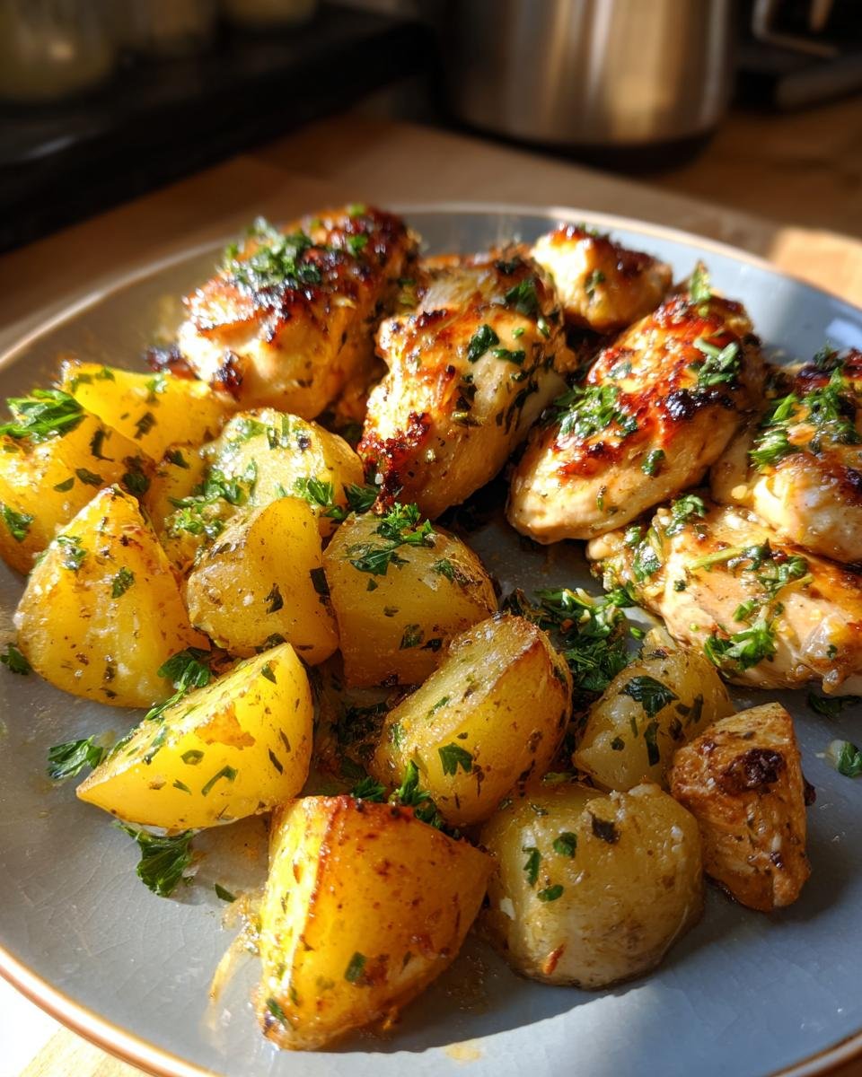 A plate of Irresistible Garlic Parmesan Chicken and Potatoes, garnished with fresh parsley.