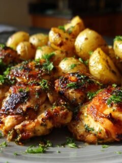 Close-up of Irresistible Garlic Parmesan Chicken and Potatoes, garnished with fresh parsley.