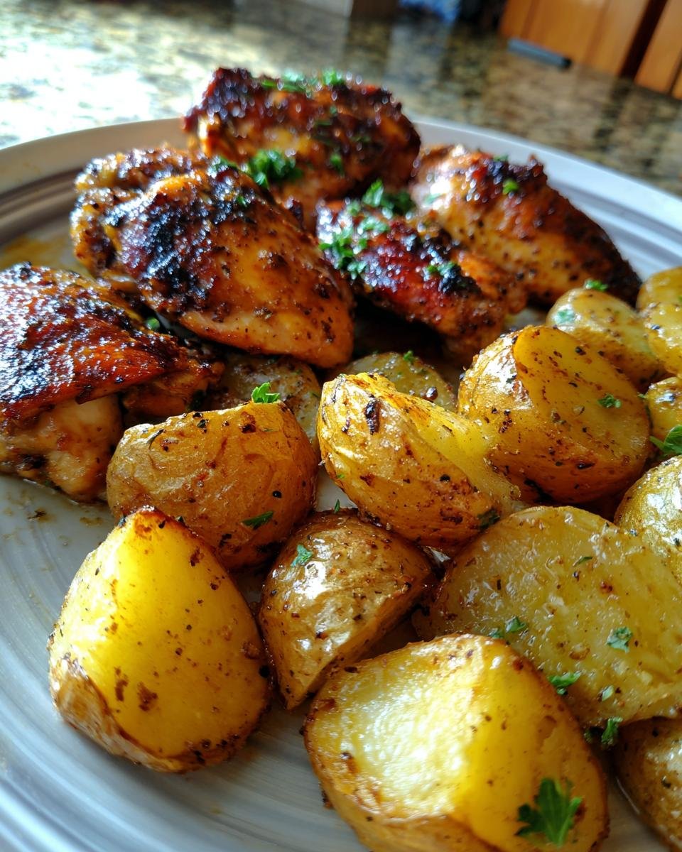 Close-up of roasted chicken pieces and golden potatoes seasoned with herbs, part of the Irresistible Garlic Parmesan Chicken and Potatoes Recipe.