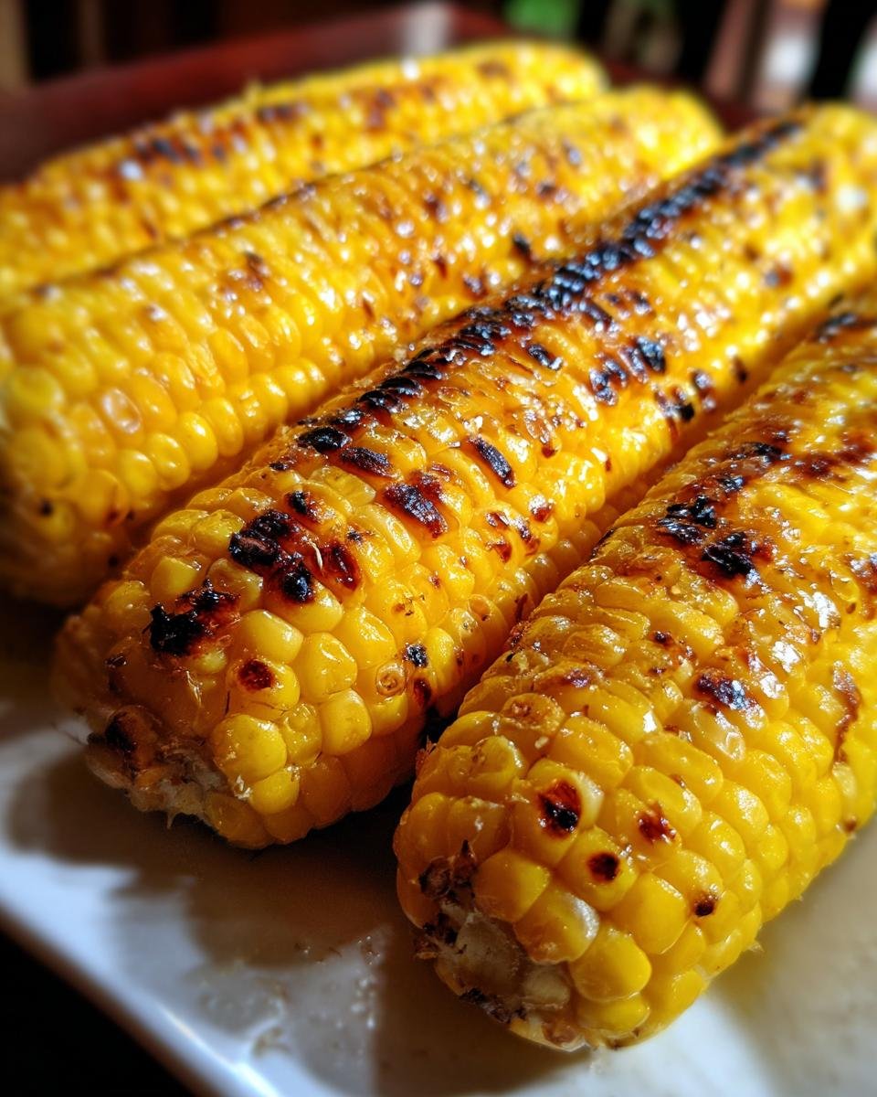 Close-up of four ears of Irresistible Grilled Corn On The Cob with char marks, glistening on a white plate.