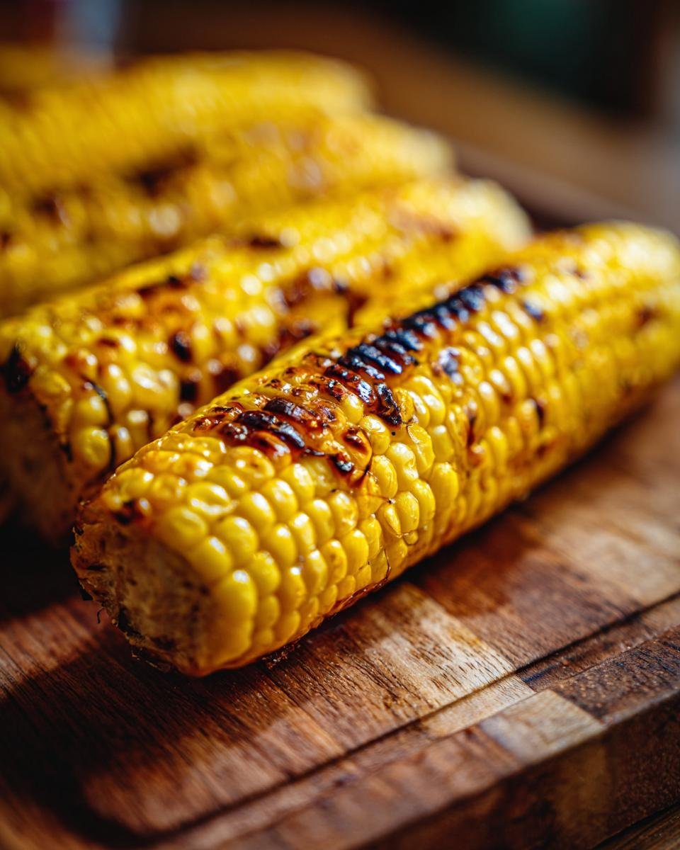 Close-up of irresistible grilled corn on the cob with char marks, served on a wooden board.