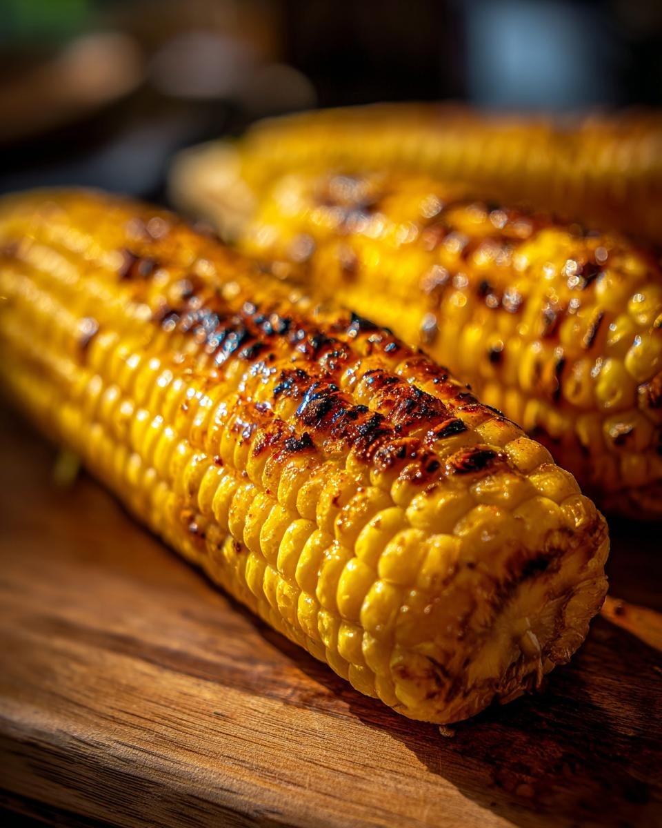 Close-up of Irresistible Grilled Corn On The Cob with char marks on a wooden board.