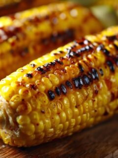 Close-up of Irresistible Grilled Corn On The Cob with char marks, ready to be served.