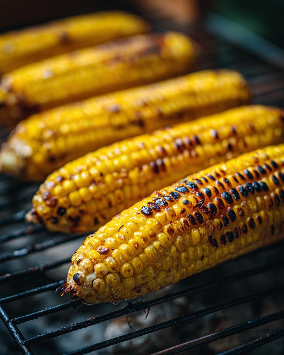 Close-up of Irresistible Grilled Corn On The Cob cooking on a barbecue grill, with char marks.