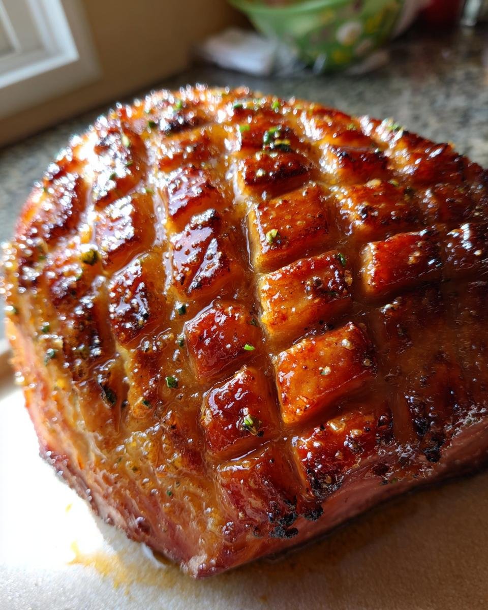 Close-up of a perfectly glazed ham with a diamond score pattern, glistening with an irresistible ham glaze.