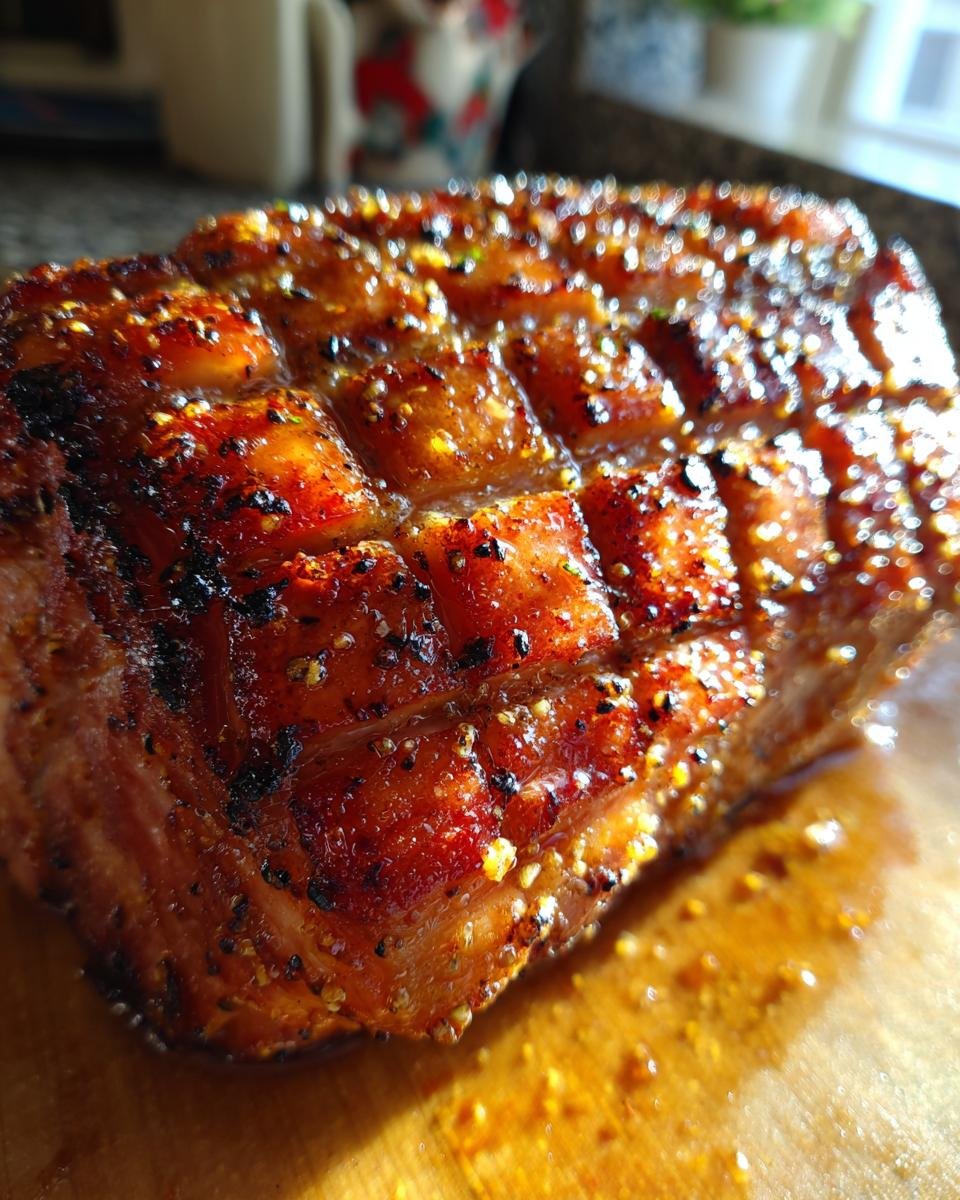 Close-up of a beautifully glazed ham with a diamond score pattern, glistening with an irresistible ham glaze.