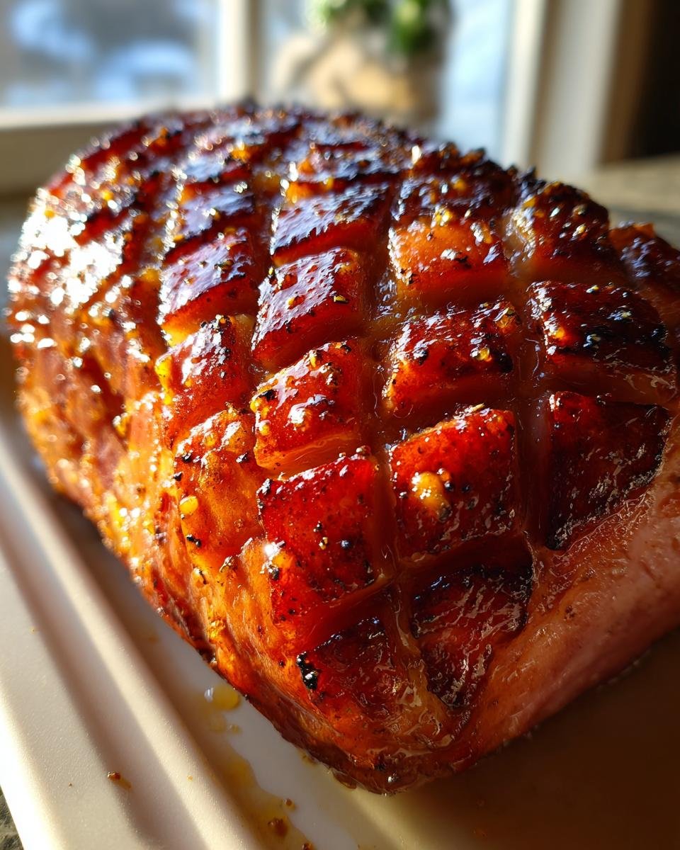 A beautifully glazed ham with a diamond score pattern, glistening with an irresistible ham glaze recipe.