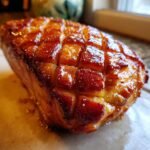 Close-up of a perfectly glazed ham with a diamond score pattern, glistening with an irresistible ham glaze.