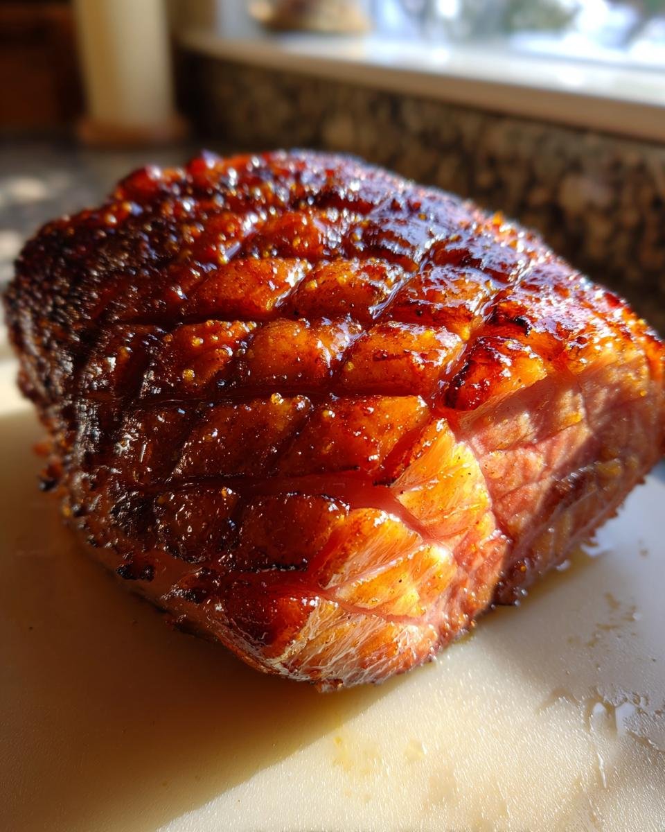 Close-up of a perfectly glazed ham, showcasing the rich, glossy, and caramelized Irresistible Ham Glaze.