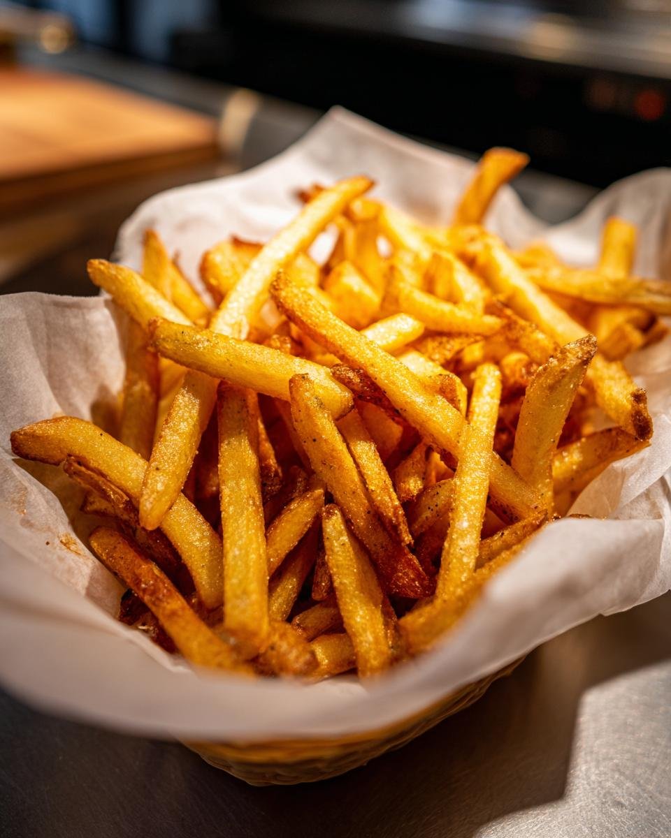 A close-up shot of a basket filled with Irresistible Homemade French Fries, perfectly golden and crispy.
