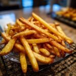 A close-up of a pile of Irresistible Homemade French Fries, perfectly crispy and golden brown, seasoned and ready to eat.