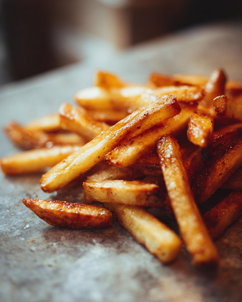 Close-up of a pile of Irresistible Homemade French Fries, perfectly golden and crispy.