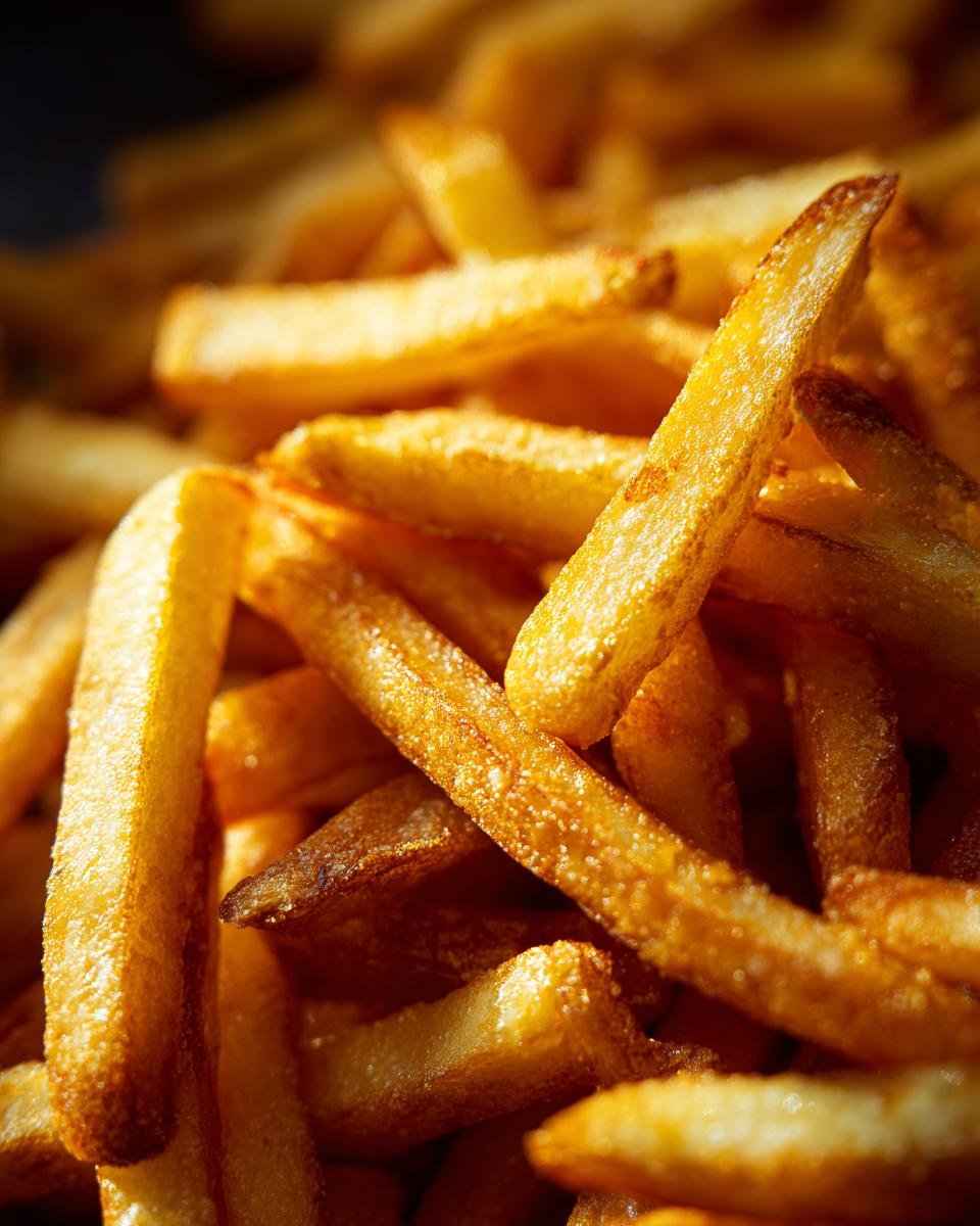 A close-up, mouth-watering shot of a pile of Irresistible Homemade French Fries, perfectly golden and crispy.
