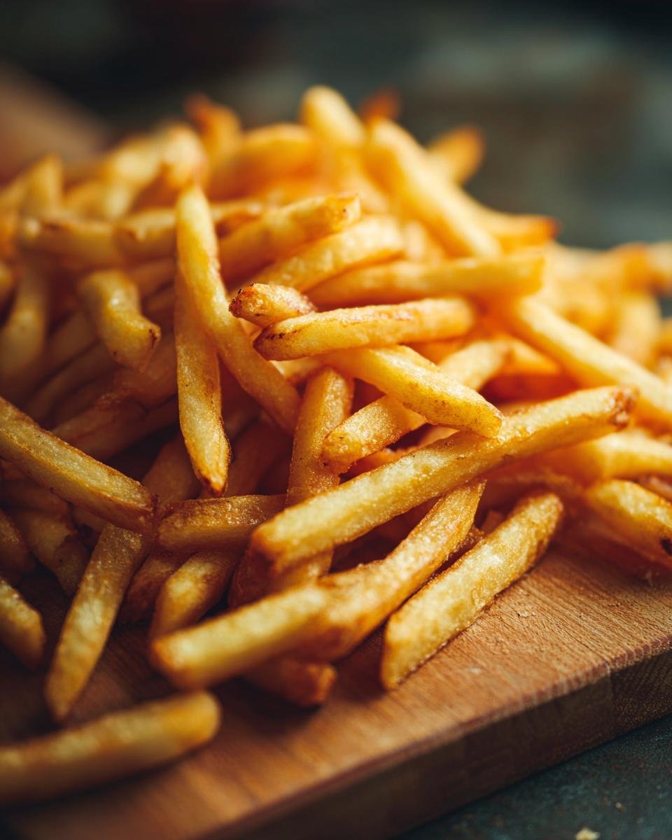 A close-up shot of a pile of Irresistible Homemade French Fries, golden brown and perfectly crispy, on a wooden board.