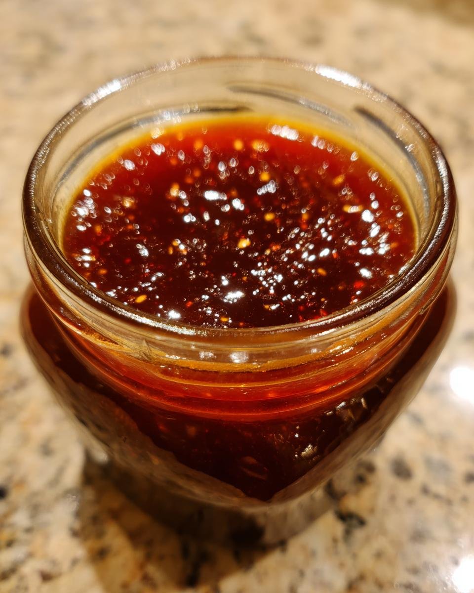 A close-up of a glass jar filled with glossy, dark red Irresistible Honey BBQ Sauce, with small flecks visible.