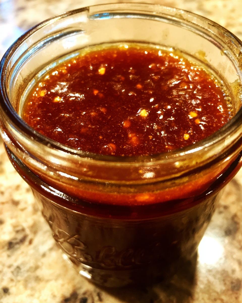 Close-up of a jar filled with Irresistible Honey BBQ Sauce, showing its rich color and texture.