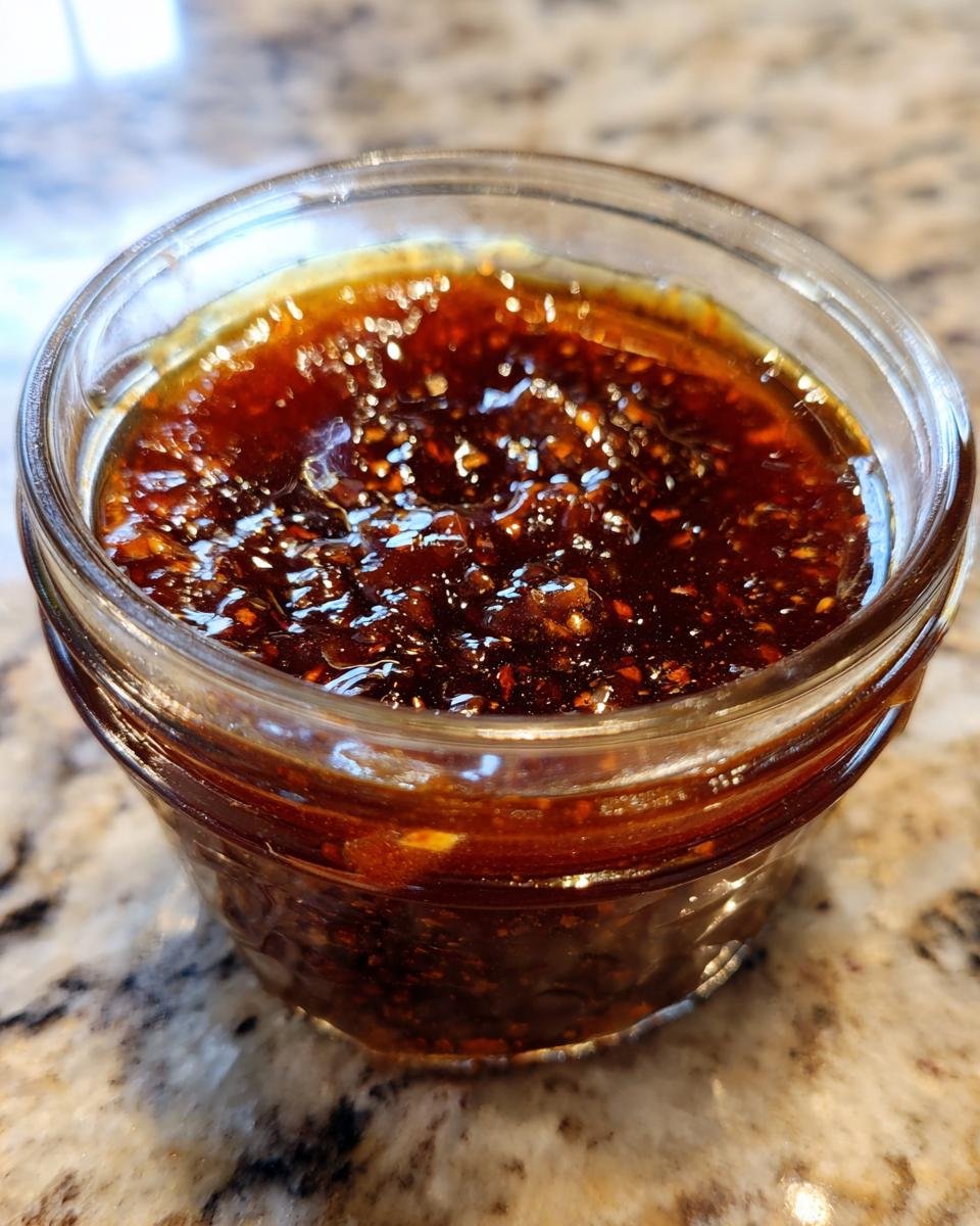 Close-up of a small glass jar filled with Irresistible Honey BBQ Sauce, showing its rich, dark color and texture.