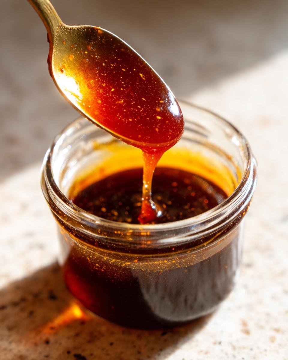 A spoonful of Irresistible Honey BBQ Sauce is dripping back into a small glass jar, showcasing its rich, glossy texture.