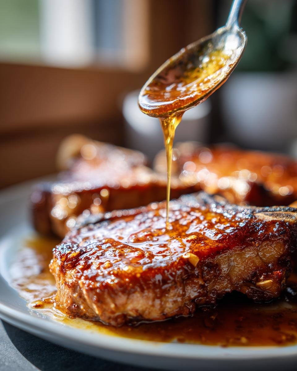 A spoonful of glistening honey butter garlic sauce being drizzled over a perfectly cooked pork chop.
