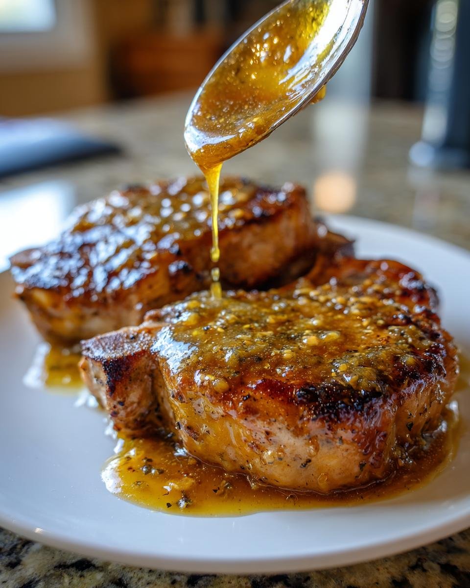 A spoon is drizzling a golden honey butter garlic sauce over perfectly cooked pork chops.