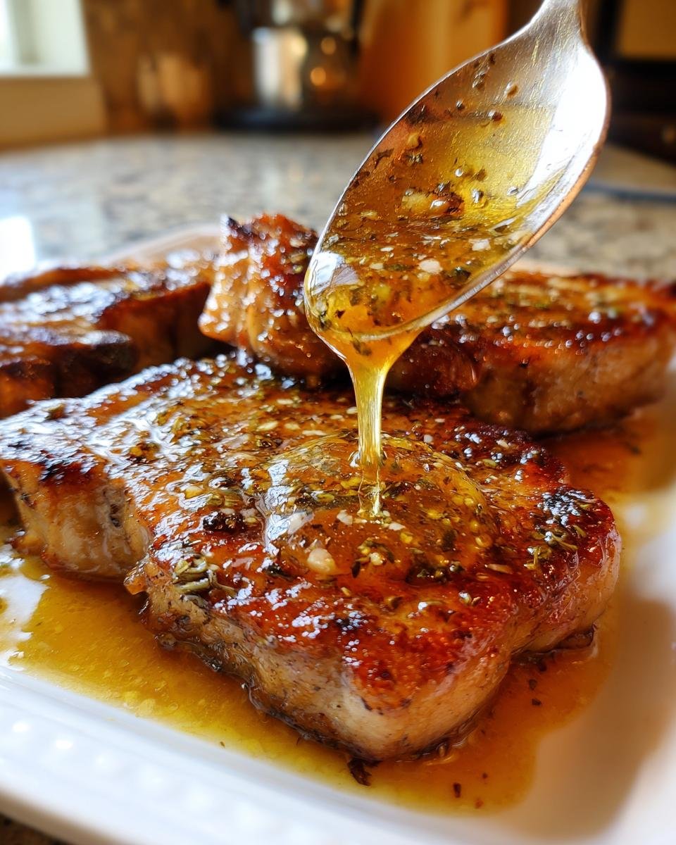 A spoon drizzling honey butter garlic sauce over perfectly cooked pork chops.