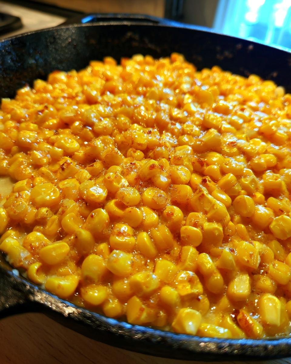 A close-up shot of Irresistible Honey Butter Skillet Corn cooking in a cast iron skillet, glistening with butter and spices.