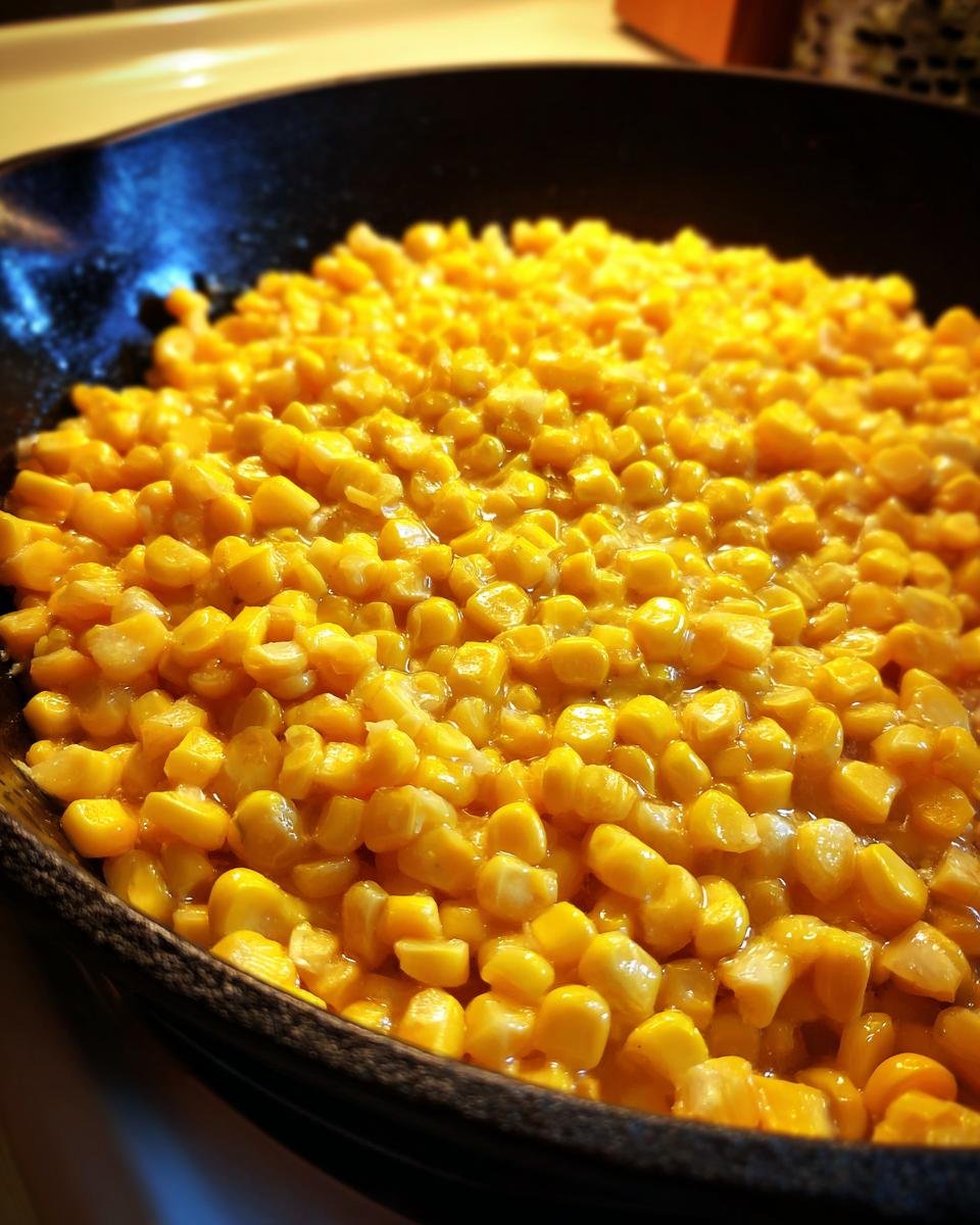 Close-up of Irresistible Honey Butter Skillet Corn cooking in a cast iron skillet.