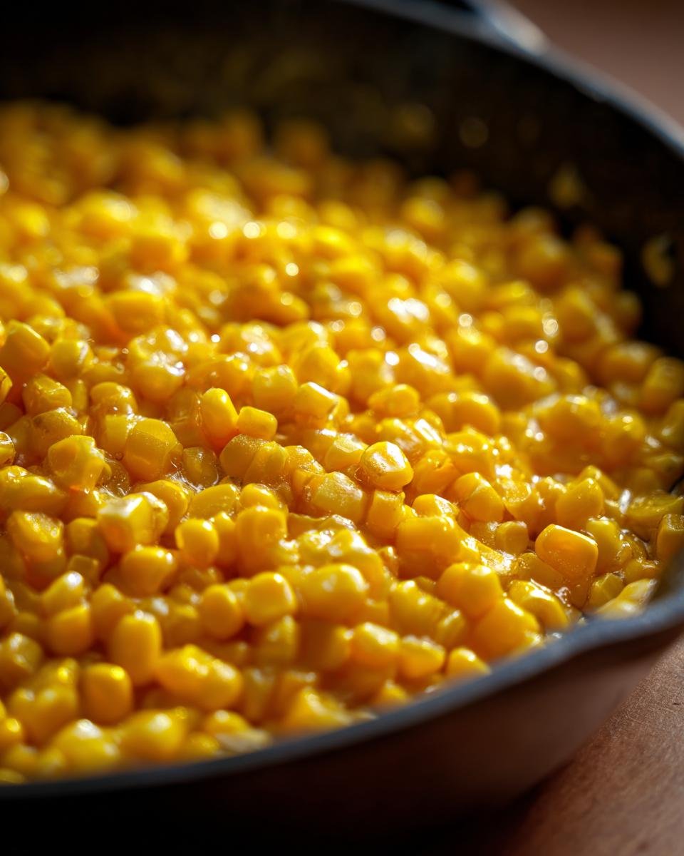 Close-up of Irresistible Honey Butter Skillet Corn, glistening and golden in a cast-iron pan.