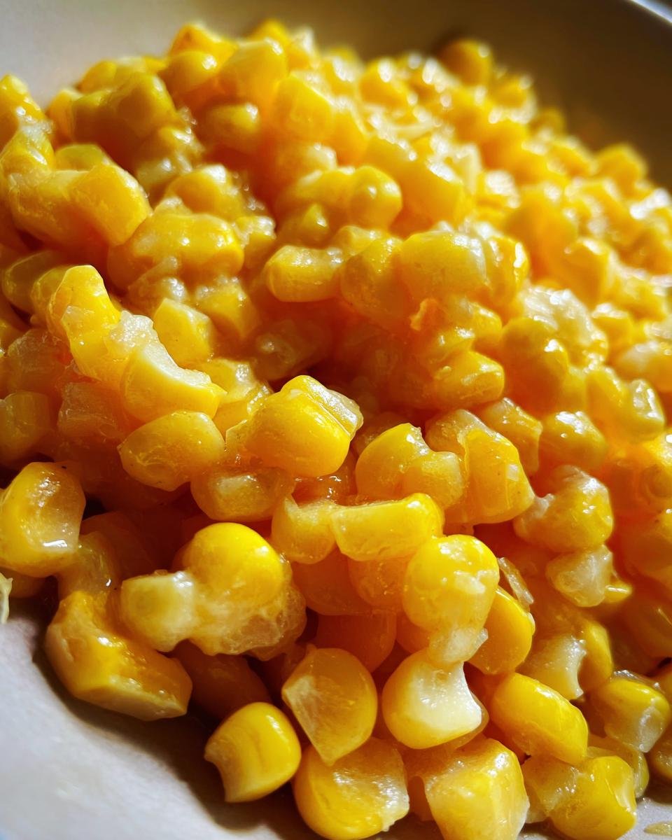 Close-up of Irresistible Honey Butter Skillet Corn, showing glossy, tender kernels coated in a rich, buttery sauce.
