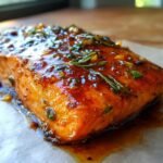 Close-up of a glistening honey garlic salmon fillet, glazed with a rich sauce and garnished with rosemary and herbs.