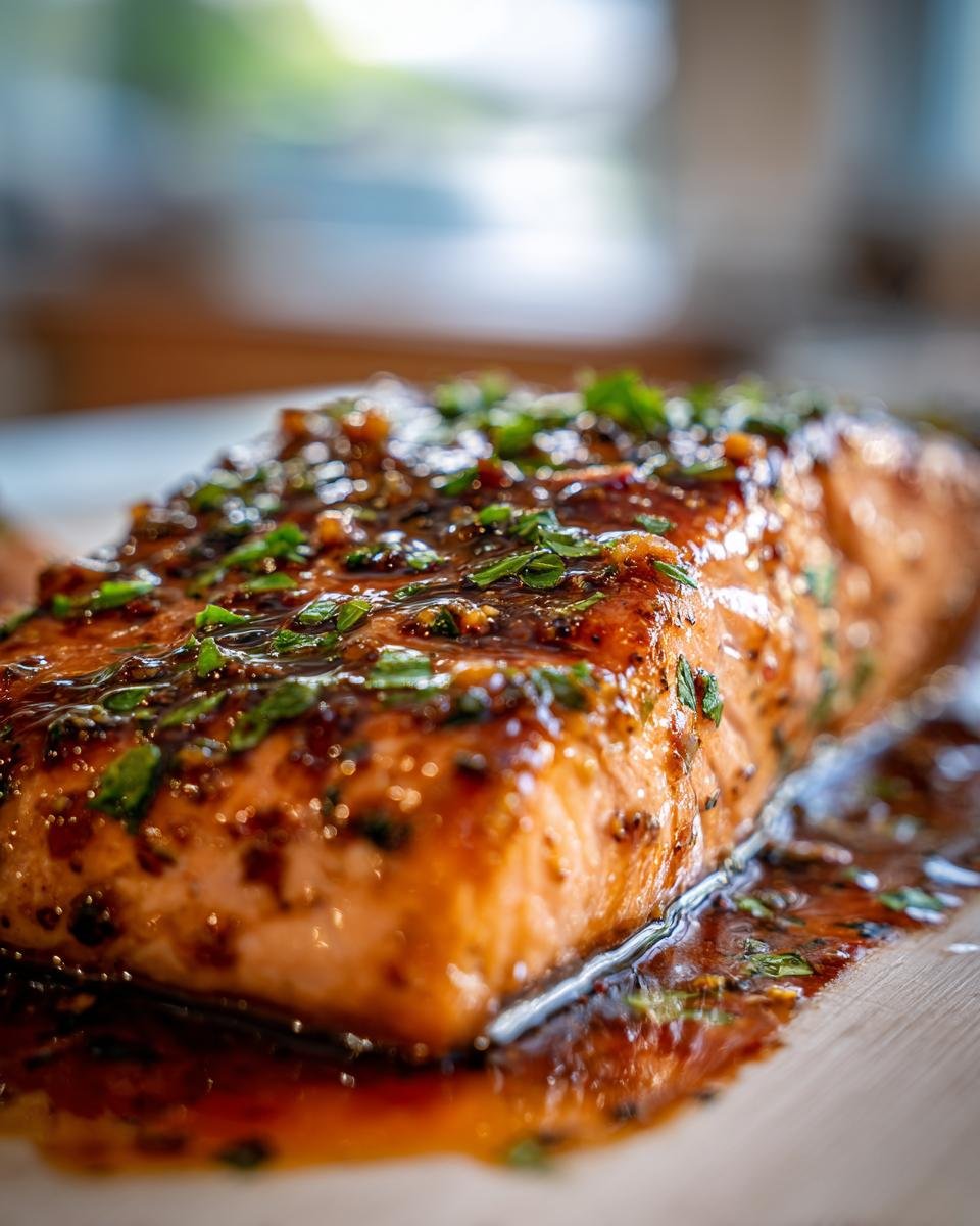 Close-up of a glistening fillet of Irresistible Honey Garlic Salmon, topped with fresh herbs.