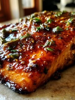 Close-up of a glistening, perfectly cooked fillet of Irresistible Honey Garlic Salmon, topped with fresh herbs.