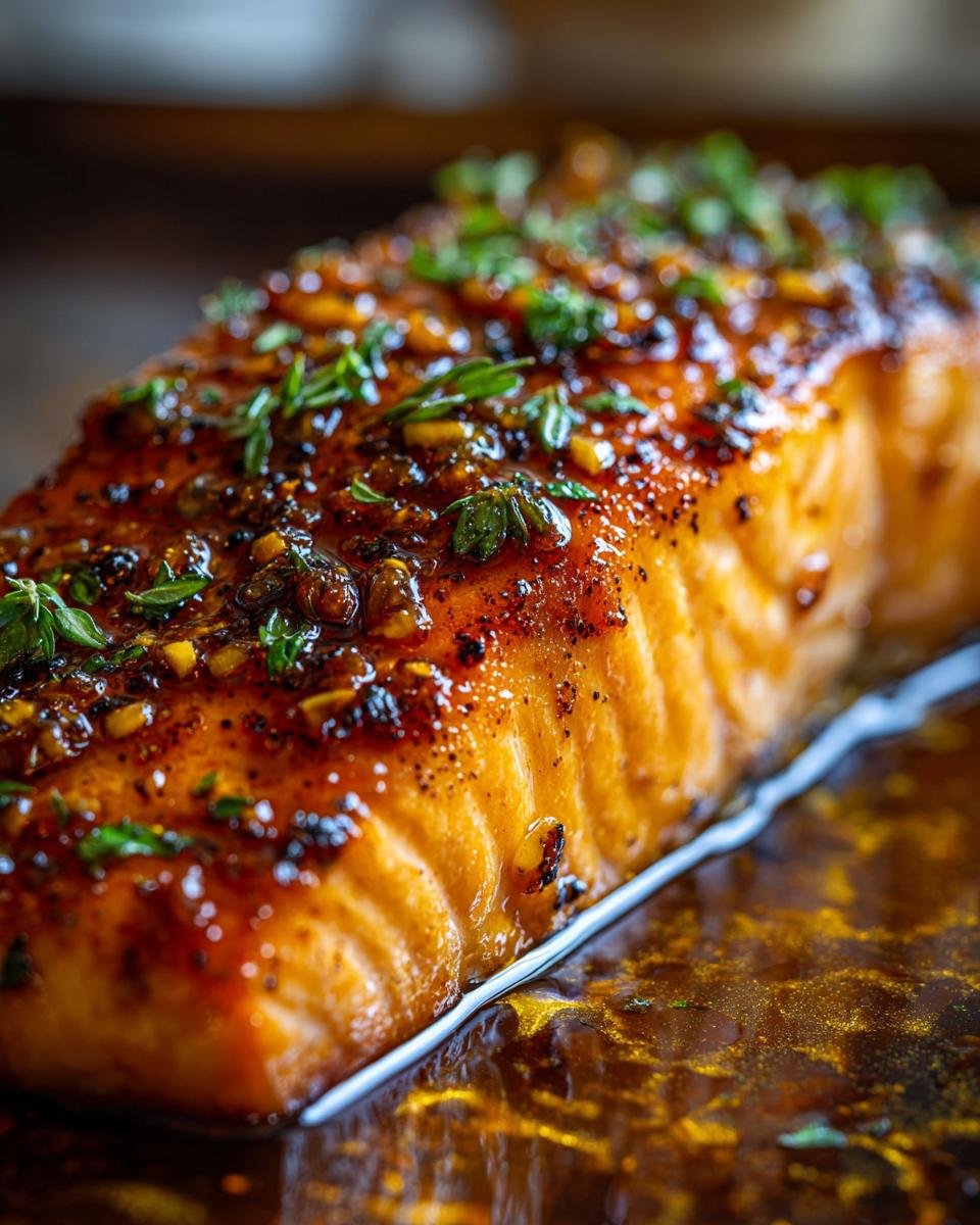 Close-up of a glistening, perfectly cooked honey garlic salmon fillet topped with fresh herbs.