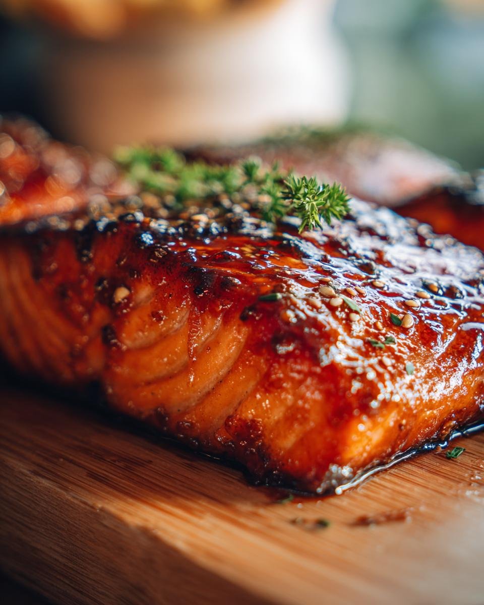 Close-up of a glistening Irresistible Honey Garlic Salmon fillet, topped with sesame seeds and herbs, on a wooden board.
