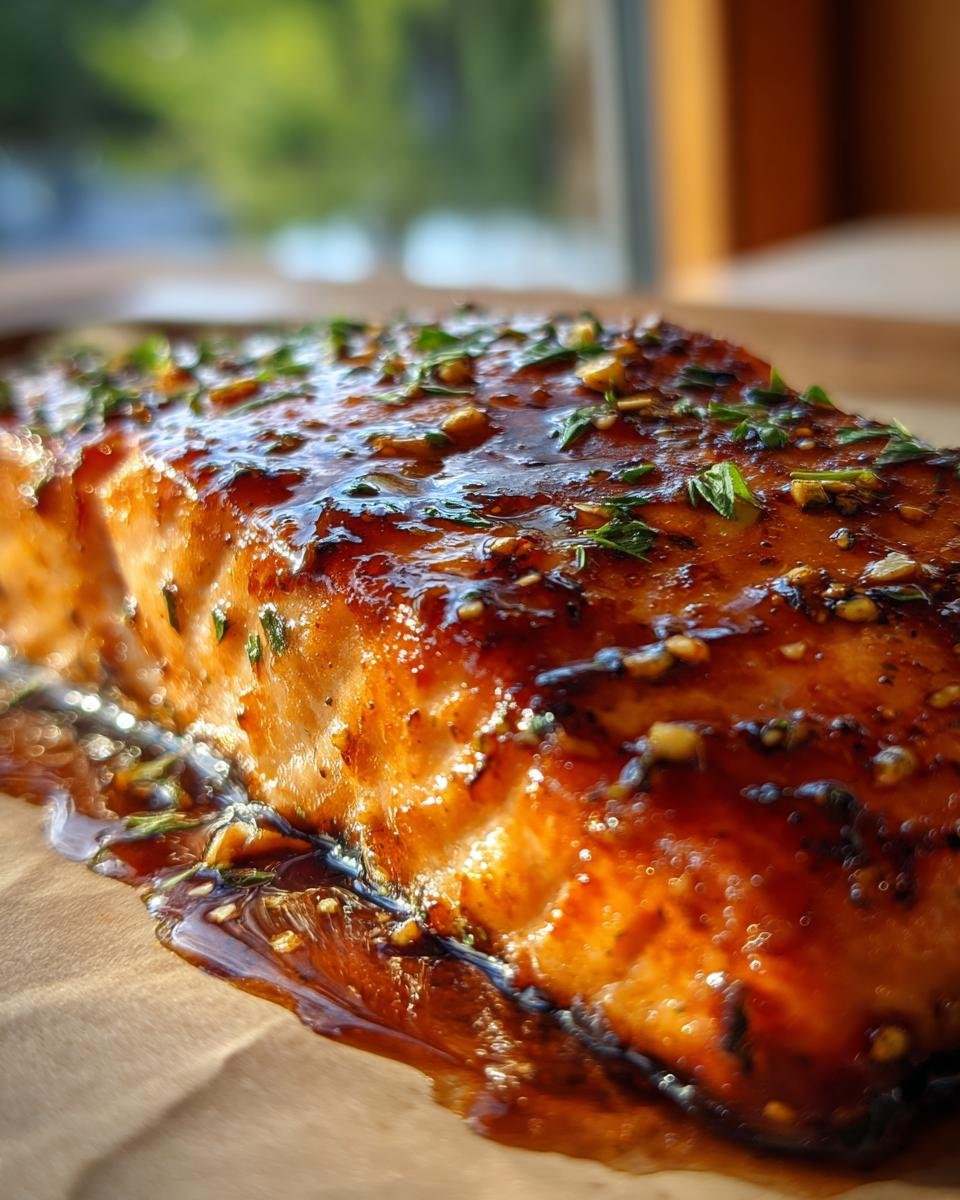 Close-up of a glistening, perfectly cooked Irresistible Honey Garlic Salmon fillet, topped with herbs.