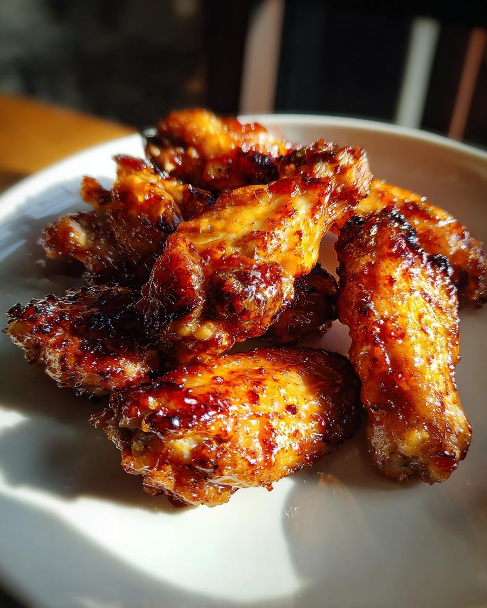 Close-up of Irresistible Honey Glazed Chicken Wings piled on a white plate, glistening with sauce.