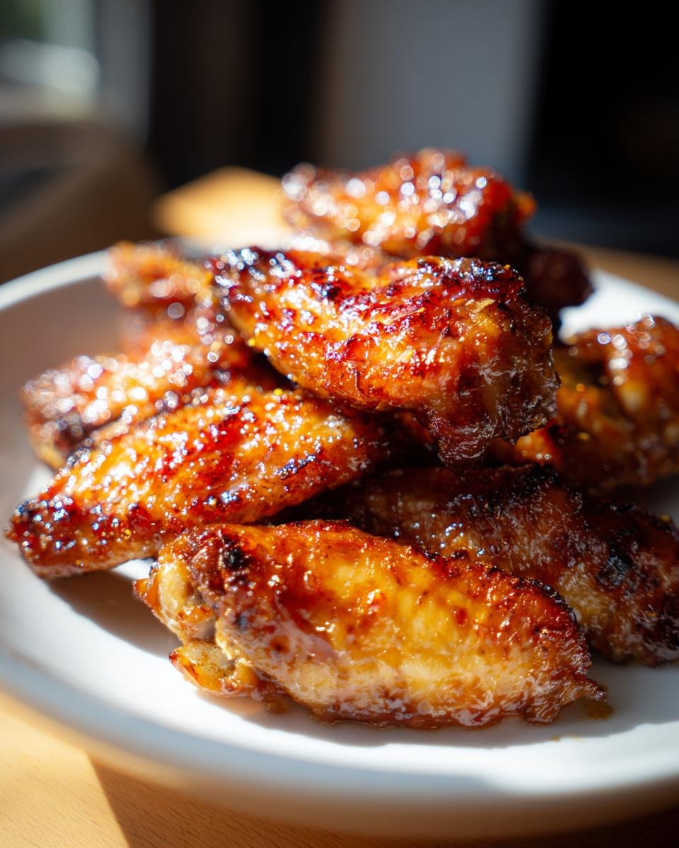 Close-up of a pile of Irresistible Honey Glazed Chicken Wings, glistening with sauce.